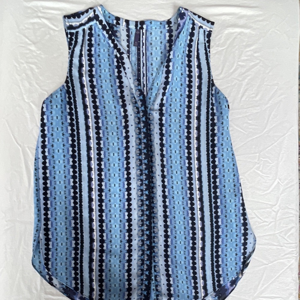 NYDJ Blue Black White Striped V-Neck Sleeveless Blouse Women's Size XS